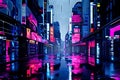 A city street with neon lights
