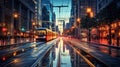 City street at night with colorful long exposure lights. Generative AI Royalty Free Stock Photo