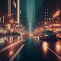 City Street at Night with Illuminated Cars