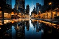 city street at night, its vibrant urban landscape beautifully reflected in a large puddle of rainwater.