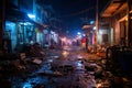 a city street at night with people walking around and trash on the ground Royalty Free Stock Photo