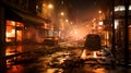 City street at night in Prague, Czech Republic. Heavy rain and heavy fog. Royalty Free Stock Photo