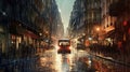 a painting of a city street at night in the rain Royalty Free Stock Photo