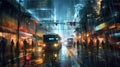 a painting of a city street at night in the rain Royalty Free Stock Photo