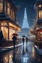 City street with in the nightnof Christma, snow rain, cafes light, silhouette of peiple walking, 8k, wallpaper, printable