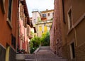 City street with old architecture and green flowers Verona, Ital