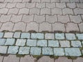 City street paved with colorful cobblestones pavement