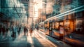 City street perspective view with lots of cars and busses, motion blur with beautiful lights and sunset reflections