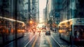 City street perspective view with lots of cars and busses, motion blur with beautiful lights and sunset reflections