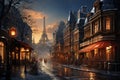 city street in a rainy night, eiffel tower, street lights reflected in the wet pavement, random people, late autumn season Royalty Free Stock Photo