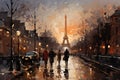 city street in a rainy night, eiffel tower, street lights reflected in the wet pavement, random people, late autumn season Royalty Free Stock Photo