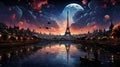 city street on a rainy night, eiffel tower, street lights reflected in water, random people, late autumn season Royalty Free Stock Photo