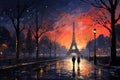 city street in a rainy night, eiffel tower, street lights reflected in the wet pavement, random people, late autumn season Royalty Free Stock Photo