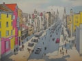 City, street, road, cars, watercolor, impressionism.