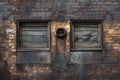 A city street scene featuring a brick wall with two windows and a fire hydrant Royalty Free Stock Photo