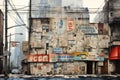 A city street scene showcasing a building entirely covered in newspapers, A poignant symbolism of newspaper headlines throughout a