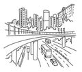 City street sketch. Building architecture landscape panorama. Skyscrapers view. Road, highway transport. Hand drawn Royalty Free Stock Photo