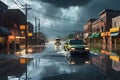 City Street Submerged Under Murky Floodwaters: Vehicles Partially Visible, Traffic Lights Reflecting in the Swirling Waters