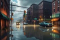 City Street Submerged Under Murky Floodwaters: Vehicles Partially Visible, Traffic Lights Reflecting in the Swirling Waters