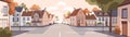 City street at sunset in summer. Town panorama with road, sidewalk, houses in urban residential district. Empty