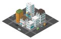 City street town district quarter Isometric the road around. Cars end buildings top view 3d. Vector illustration