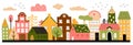 City street. Town home buildings with small trees. Cartoon estate exterior. Old childish Scandinavian or Swedish border Royalty Free Stock Photo