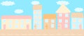 City street and urban scape, hand drawn houses on avenue concept and vector illustration. Banner with road for car. Royalty Free Stock Photo