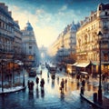 A city street view of Paris with the activities in the morning day at winter season, a painting, art style, wallart, sky, clouds Royalty Free Stock Photo
