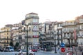 City street view with road signs and transport at sunset, Porto, Portugal