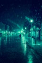 City street at winter snowy night with people walking. Blurred city lights. Snowfall. Royalty Free Stock Photo