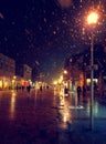 City street at winter snowy night with people walking. Blurred city lights. Snowfall. Royalty Free Stock Photo