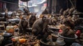 city streets, lots of rats eating leftover food, piles of rubbish, small and large rats , Generate AI