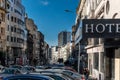 City streets with people buildings cars on a sunny winter day in the capital of Serbia, Belgrade.