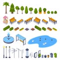 City streets and public park 3d isometric design elements. Vector urban outdoor landscape icons