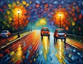 City streets on a rainy night. Street lights reflected on wet coblestones. Urban night background. Digital illustration