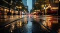 City streets reflecting the warm glow of streetlights amidst falling raindrops
