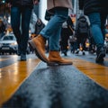 City stride Diverse feet cross paths in a lively pedestrian scene
