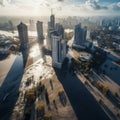 City Submersion: Aerial Panorama of Majestic Skyscrapers Amidst Flooding