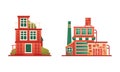 City or Suburban Buildings Set, Brick Residential House and Industrial Building Flat Vector Illustration