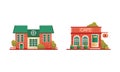 City or Suburban Buildings Set, Traditional Cottage and Street Cafe Building Flat Vector Illustration