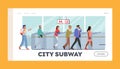 City Subway Landing Page Template. Characters Use Public Transport. People Go Through Turnstile Entrance