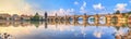 City summer landscape at sunrise, banner - view of the Charles Bridge and the Vltava river in the historical center of Prague