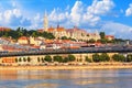 City landscape - view of the Buda Castle, palace complex on Castle Hill through the Szechenyi Chain Bridge in Budapest Royalty Free Stock Photo