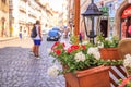 City summer landscape - view of street flowers in the historic district of MalÃÂ° Strana Little Side, in the city of Prague