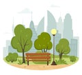 City summer park concept. Trees and bushes, park bench, walkway, lantern and city silhouette. Town and city park landscape,