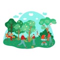 City summer park people outdoor working, walking doing sport, trees, benches on grass composition flat vector Royalty Free Stock Photo