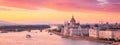 City summer sunset landscape, panorama, banner - top view of the Hungarian Parliament Building Royalty Free Stock Photo