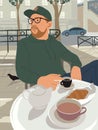 City summer time illustration with man sitting at table in street cafe