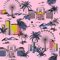 City in summer vibes seamless pattern. Vector vacytion illustration architecture, building,wheels,palm tree,mountain ,design for