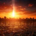 City swelters in high temperatures, symbolizing global warming\'s impact.